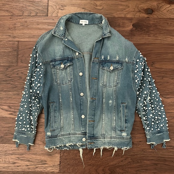 Sunset and spring embellished pearl denim jacket xs - Picture 1 of 4